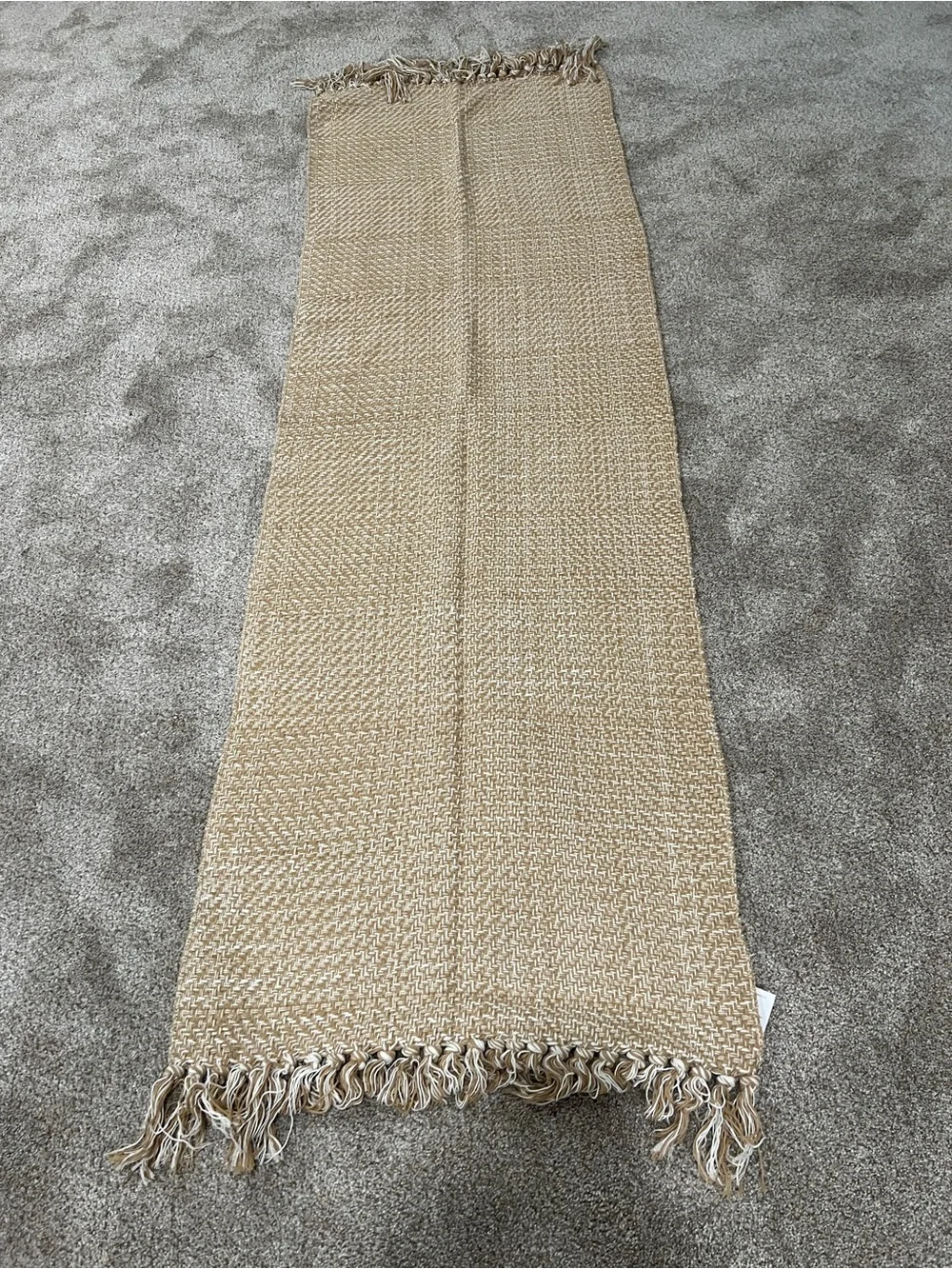 Beige Woven Cotton Runner with Fringe